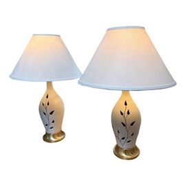 Countryside Leaf Motif Ceramic Table Lamps, Pair