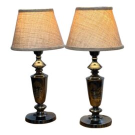 Black Bronze Japanese Etched Table Lamps, Pair