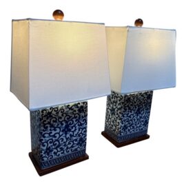 Ralph Lauren Blue + White Chinoiserie Table Lamps, Pair