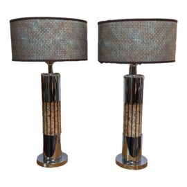 Chromed Cork Table Lamps, Pair