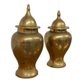 Brass Ginger Jar Urn Shaped Vessels + Lids, Set of Two