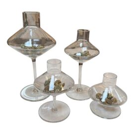 Modern Glass Pedestal Vessels + Seashells, Set of Four
