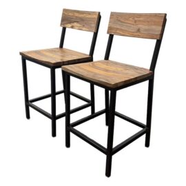 Industrial Acacia Wood + Metal Barstools, Pair
