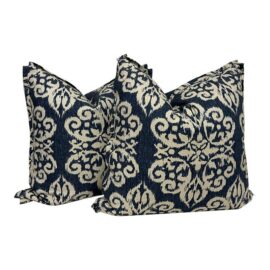 Bespoke Blue + Ivory Ikat Damask Throw Pillows, Pair