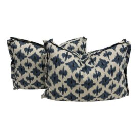 Bespoke Blue + Ivory Ikat Throw Pillows, Pair