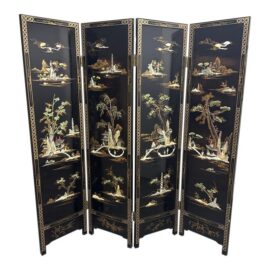 Chinoiserie Black Lacquer Four-Panel Folding Screen