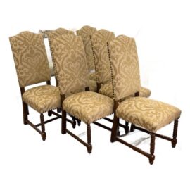 French Louis XIII Style High Back Damask Dining Chairs, Set of Six