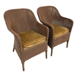 Rattan Bucket Lounge Chairs With Goldenrod Velvet Seat Pads, Pair