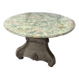 I Magnin Hand-Painted Faux Marble With Glass Dining Table, 50 Inches