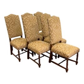 French Louis XIII Style High Back Damask Dining Chairs, Set of Six