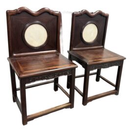 Antique Rosewood Chairs + Round Stone Inserts Side Chairs, Pair. Original Price: $4,000